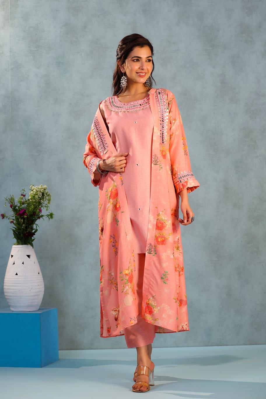 Pretty Peach Kurta Set With Jacket