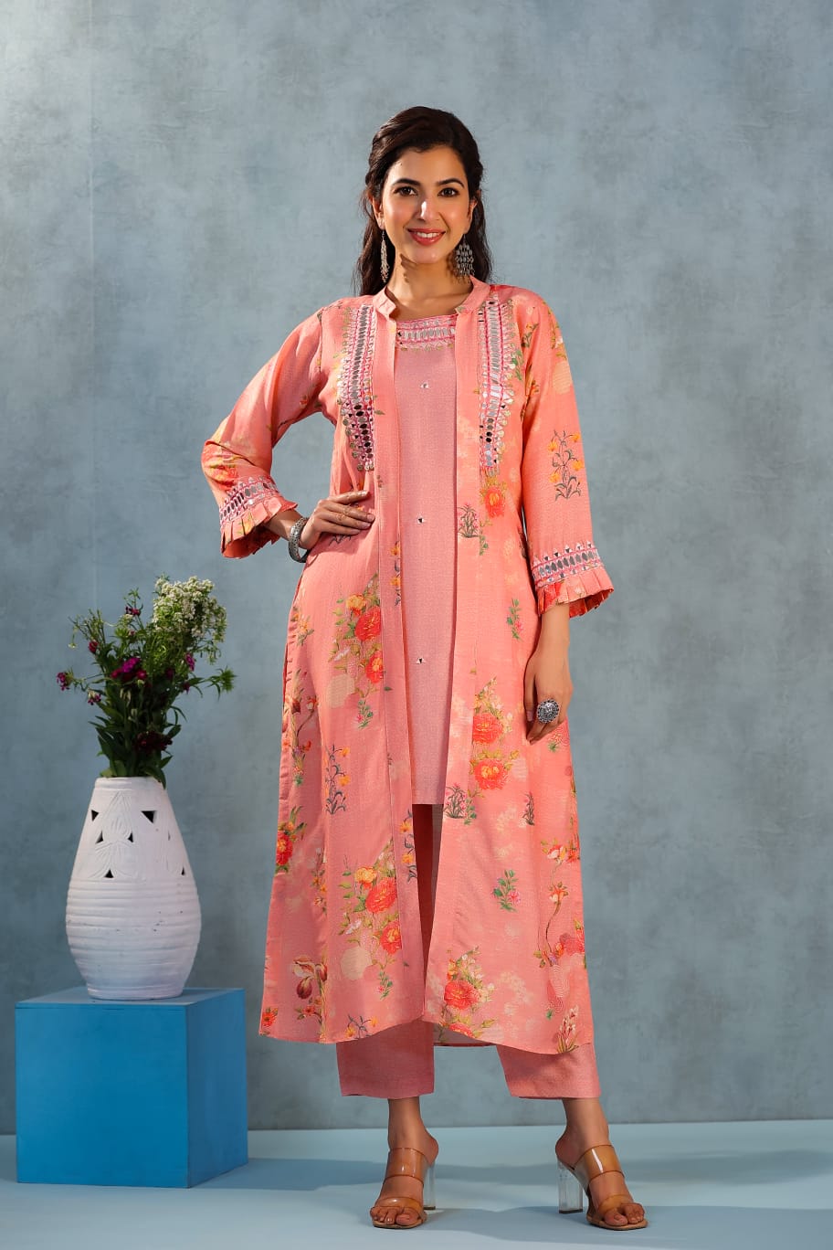 Pretty Peach Kurta Set With Jacket