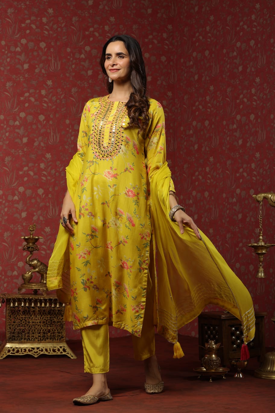MUSLIN YELLOW SUIT WITH MIRROR WORK