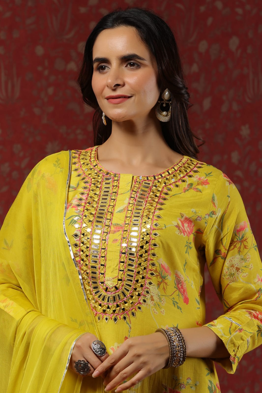 MUSLIN YELLOW SUIT WITH MIRROR WORK