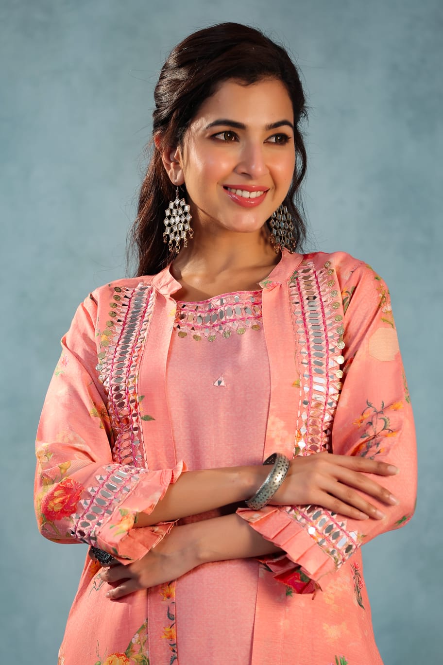 Pretty Peach Kurta Set With Jacket