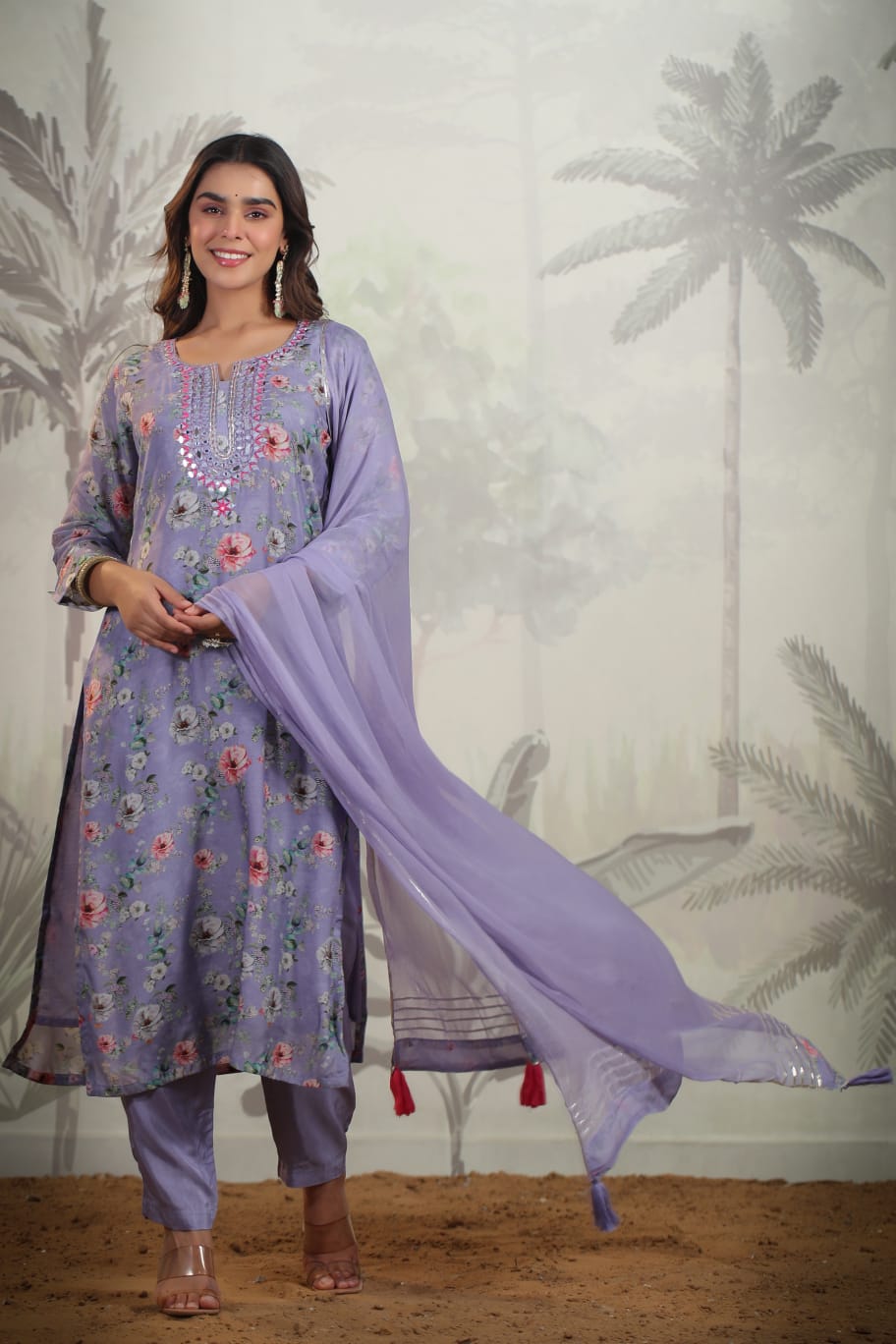MUSLIN LAVENDER GREEN SUIT WITH MIRROR WORK