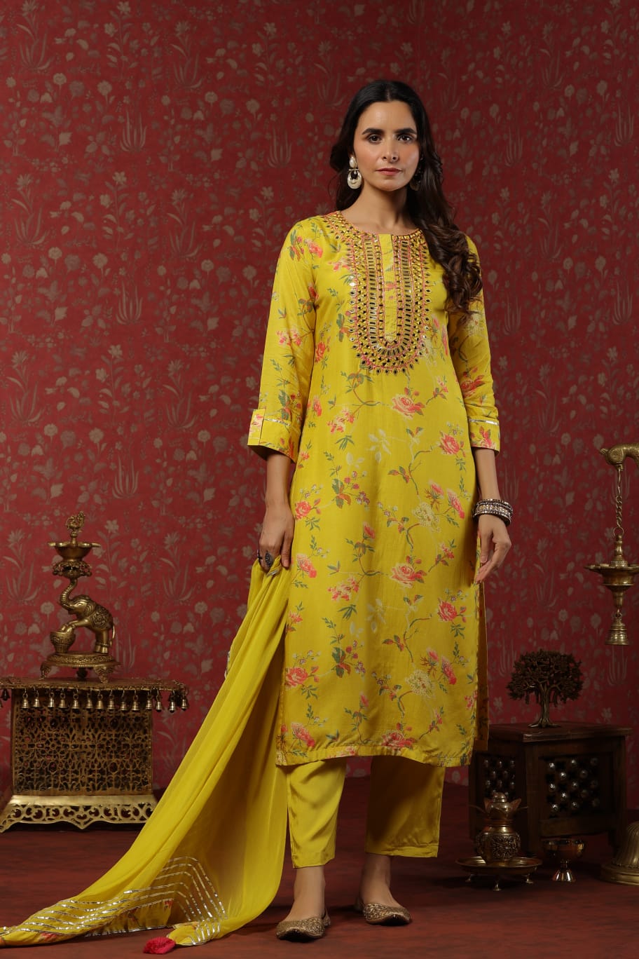 MUSLIN YELLOW SUIT WITH MIRROR WORK