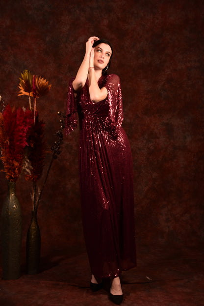 FITTED SEQUINS MAROONISH RED GOWN