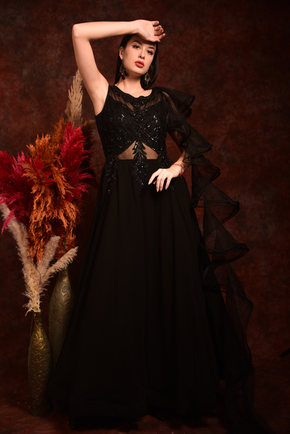 Black Gown With One Side Ruffle Sleeves