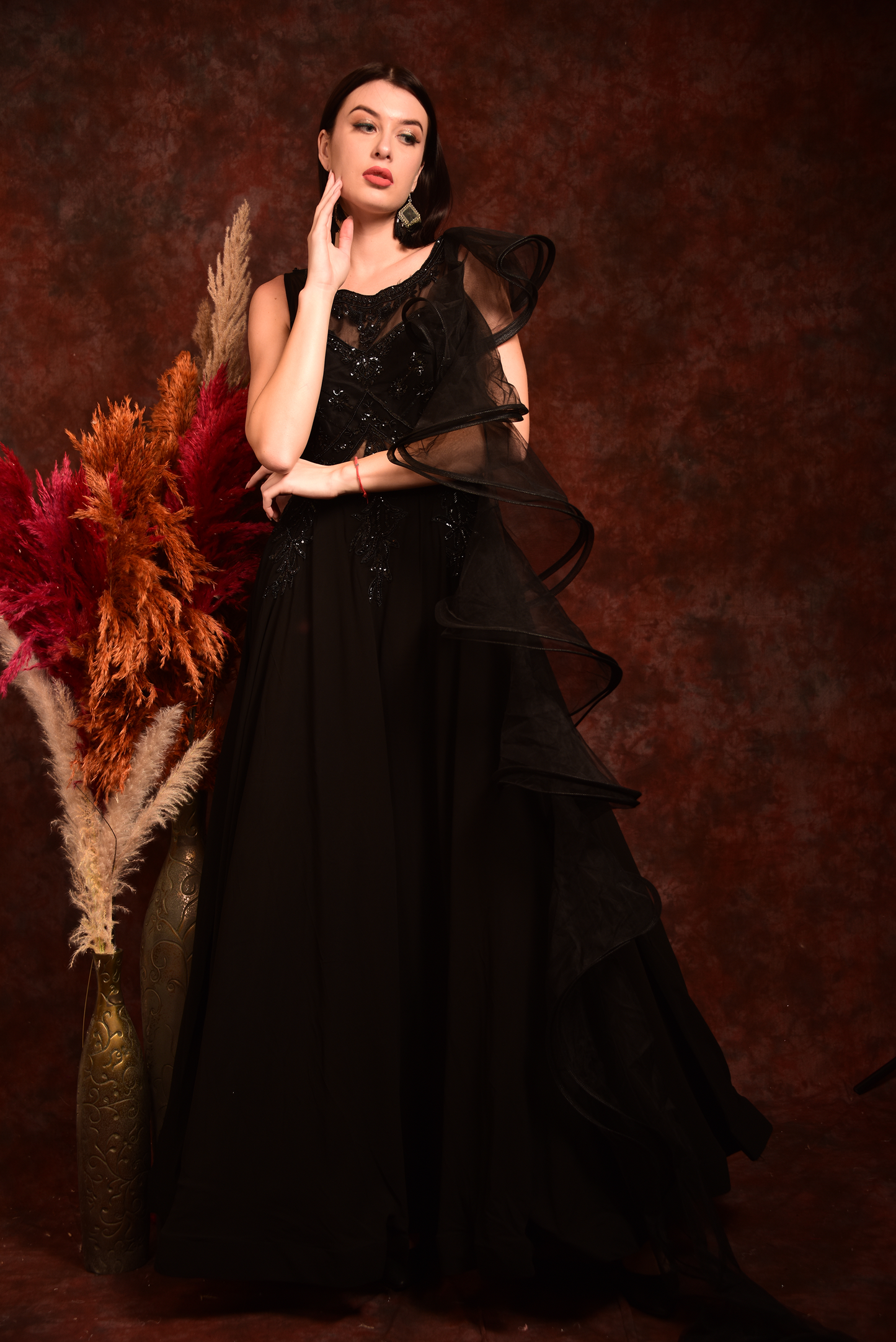 Black Gown With One Side Ruffle Sleeves