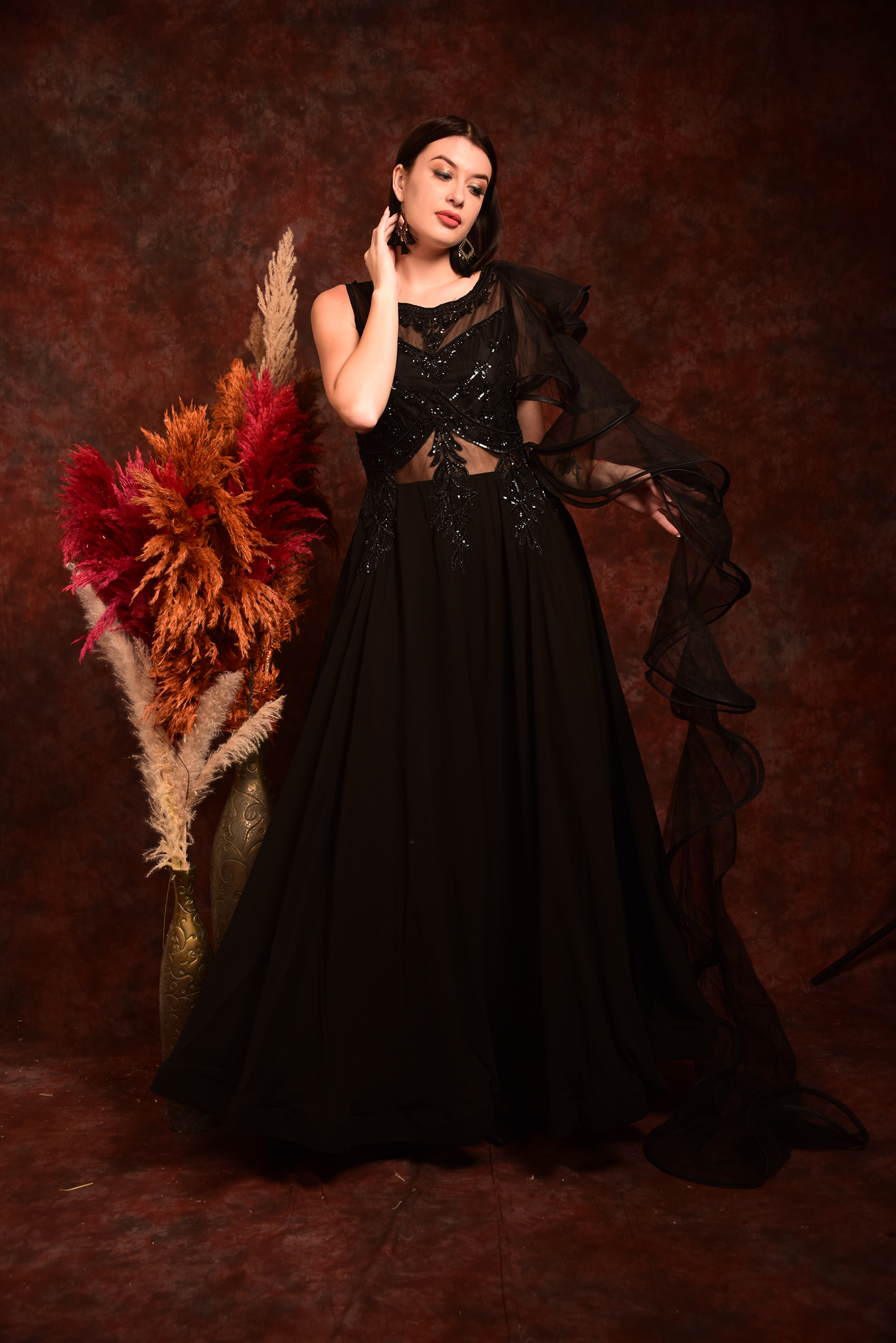 Black Gown With One Side Ruffle Sleeves
