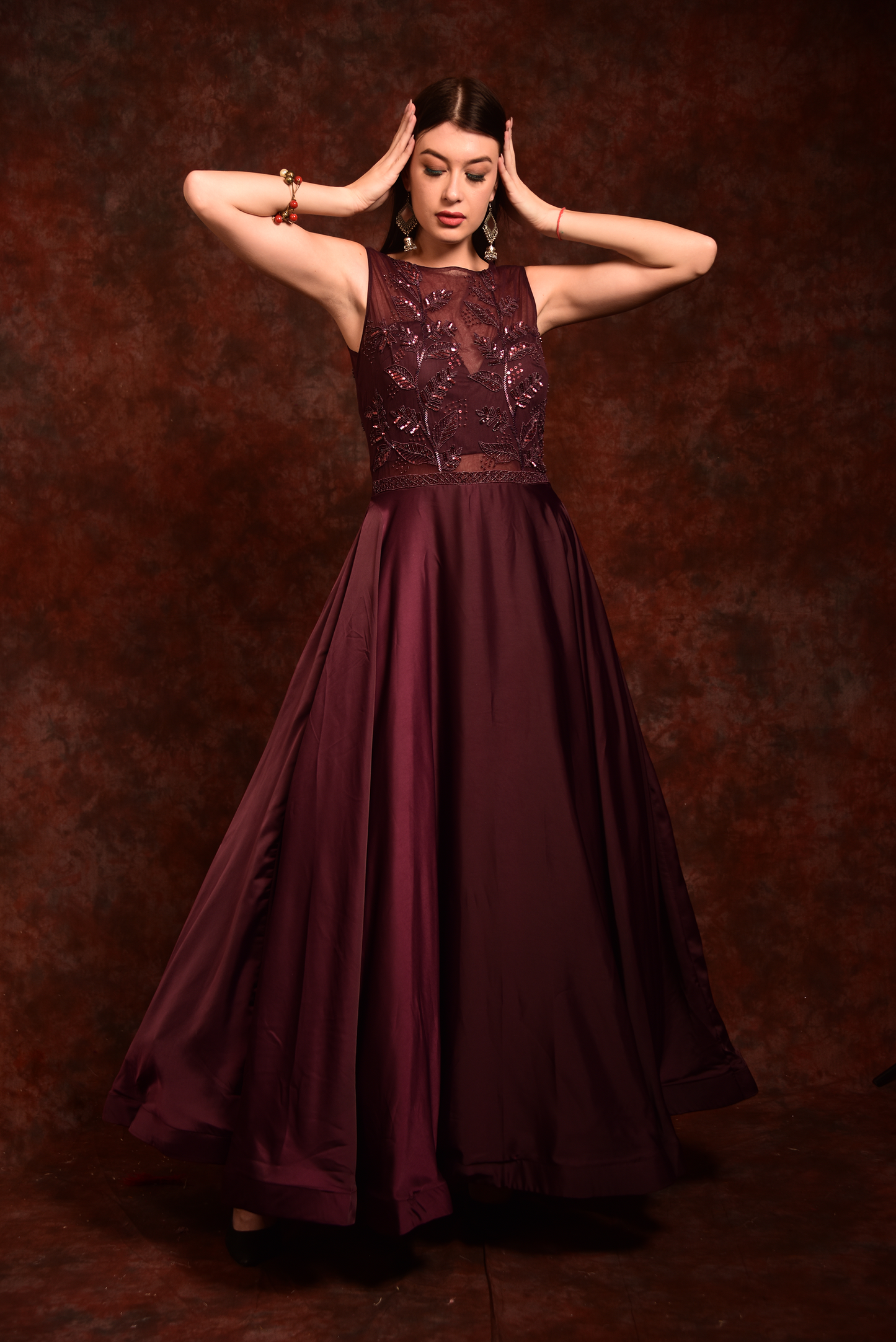 Embroidered Wine Gown