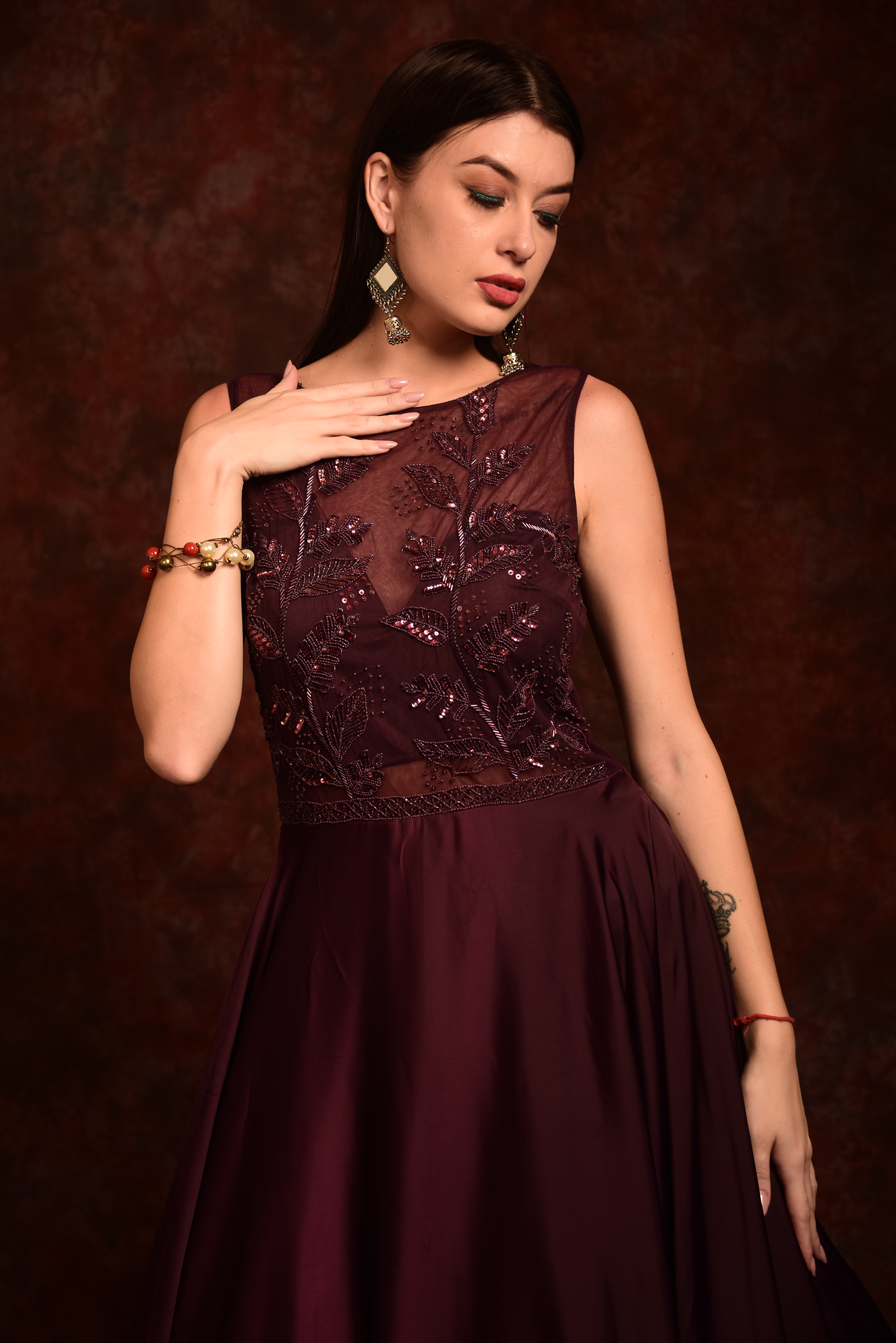 Embroidered Wine Gown