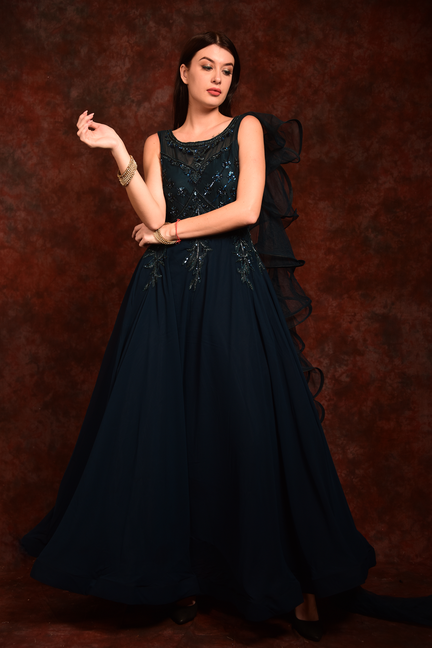 Blue Gown With One Side Ruffle Sleeves