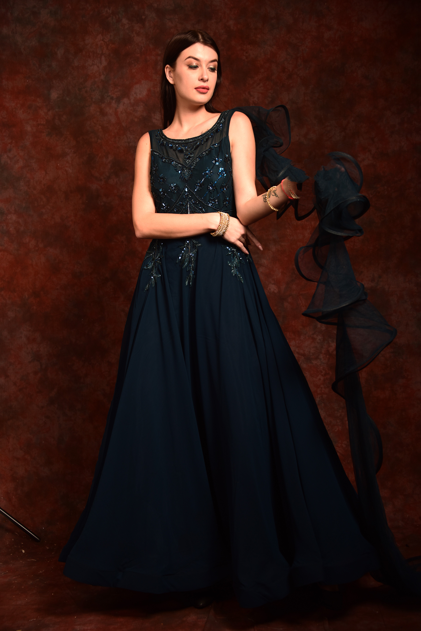 Blue Gown With One Side Ruffle Sleeves