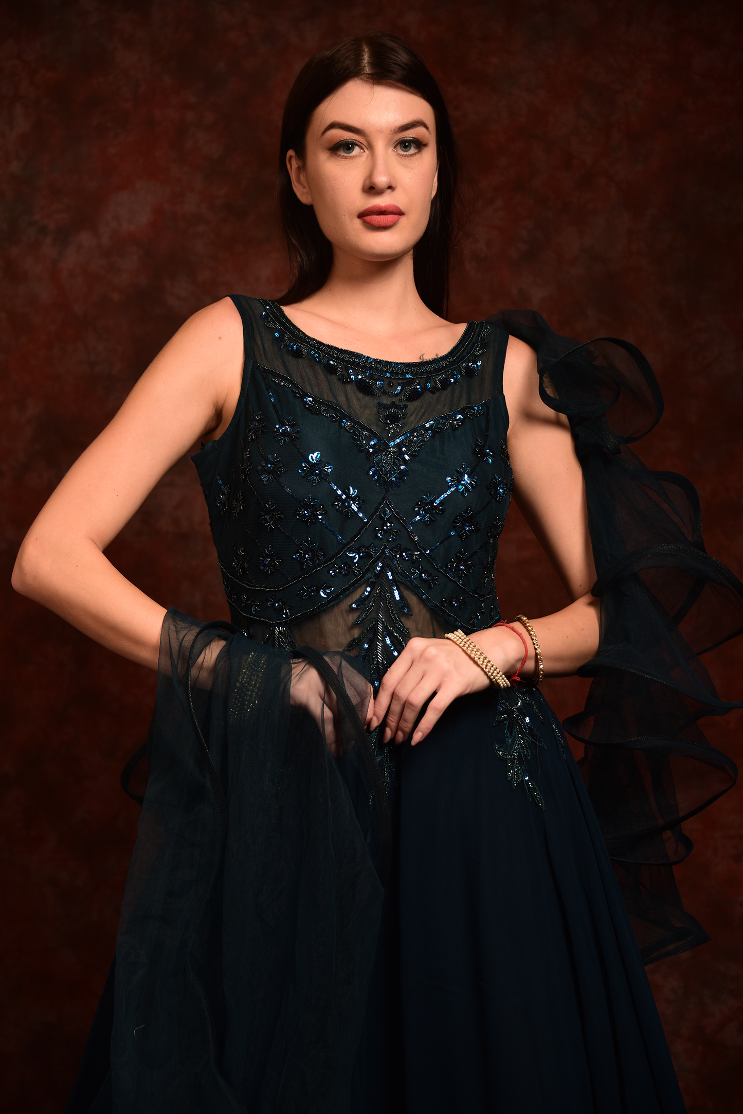 Blue Gown With One Side Ruffle Sleeves