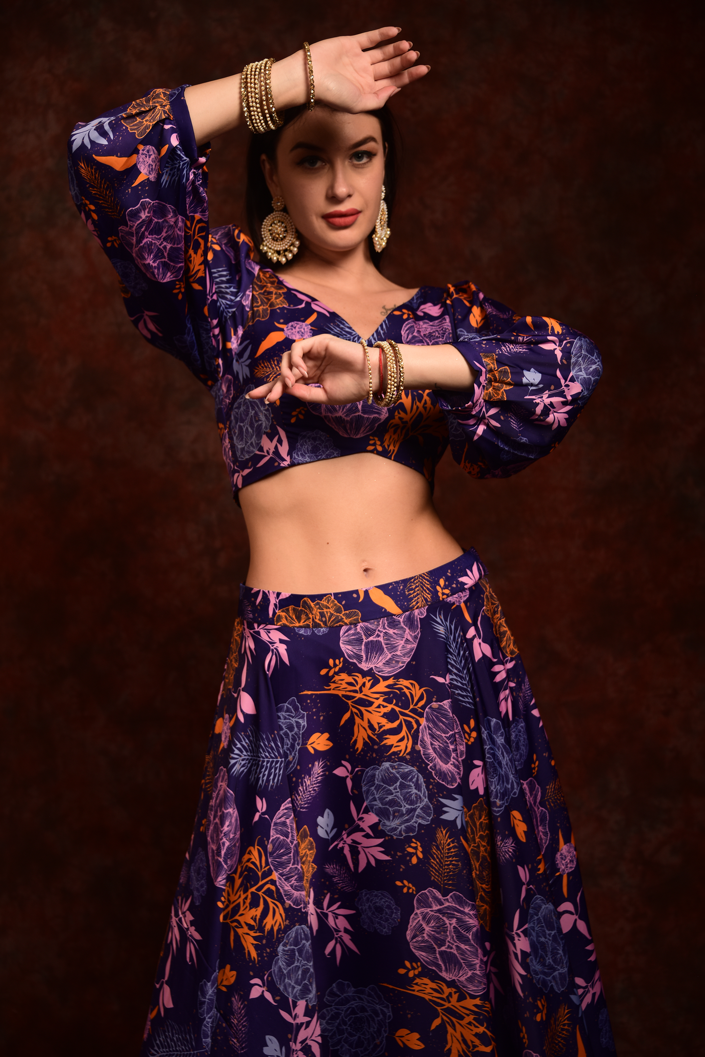 Purple Anarkali Floral Top & Skirt