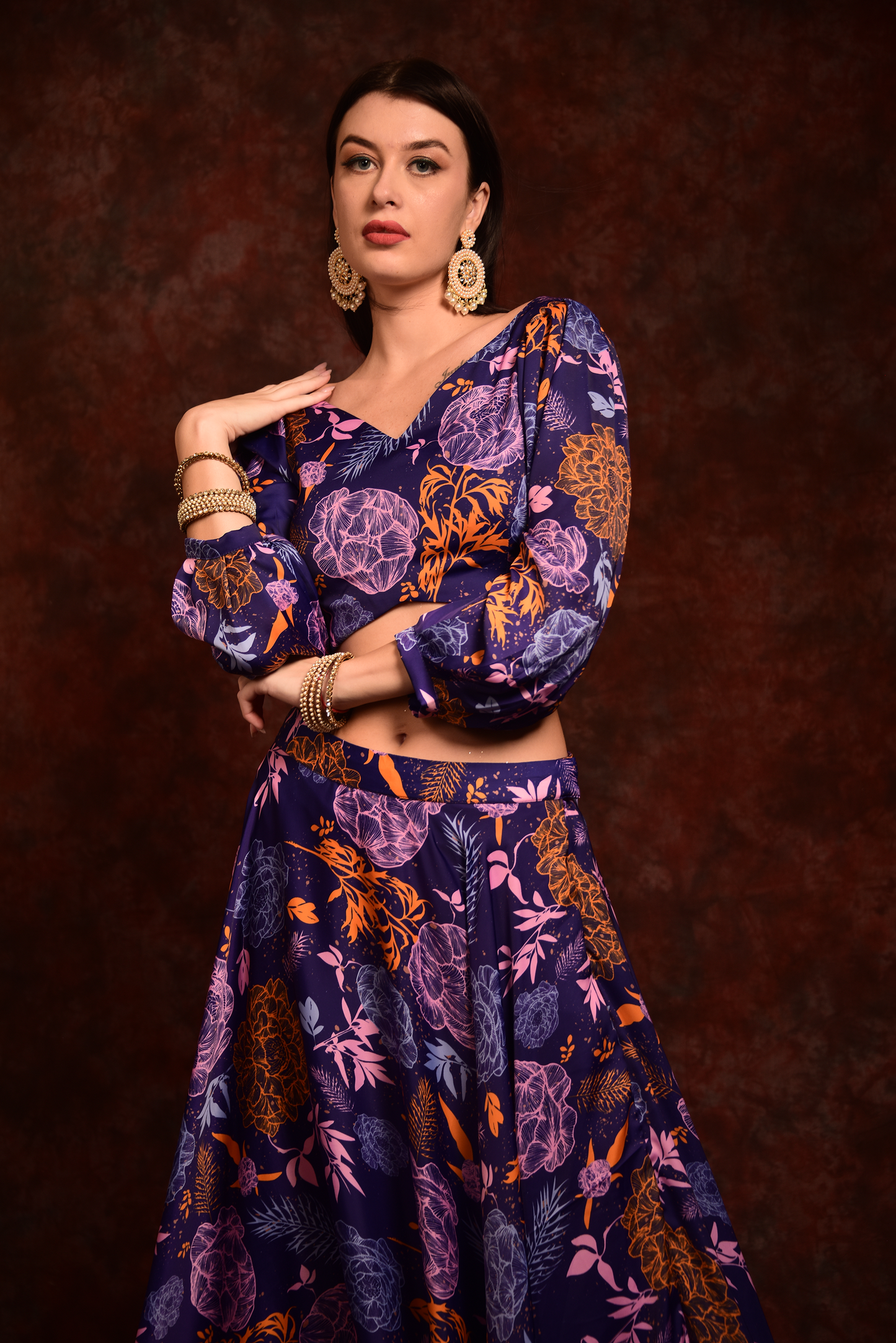 Purple Anarkali Floral Top & Skirt
