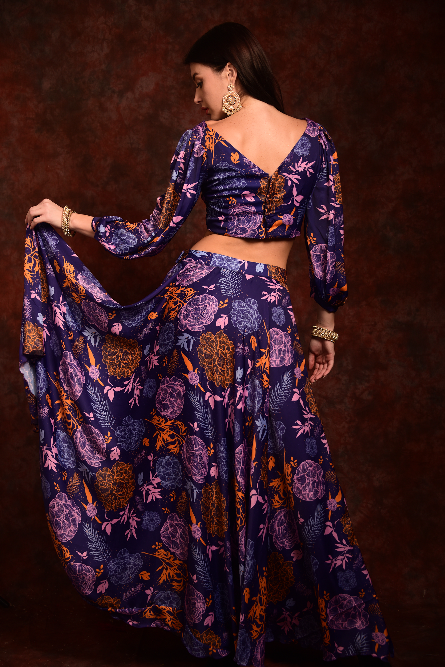 Purple Anarkali Floral Top & Skirt