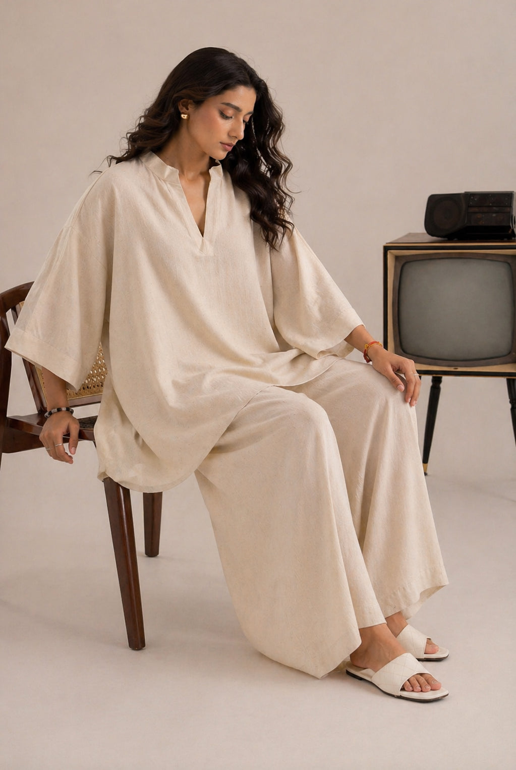 Laalzari ivory minimal round-neck linen co-ord set for women — styled look