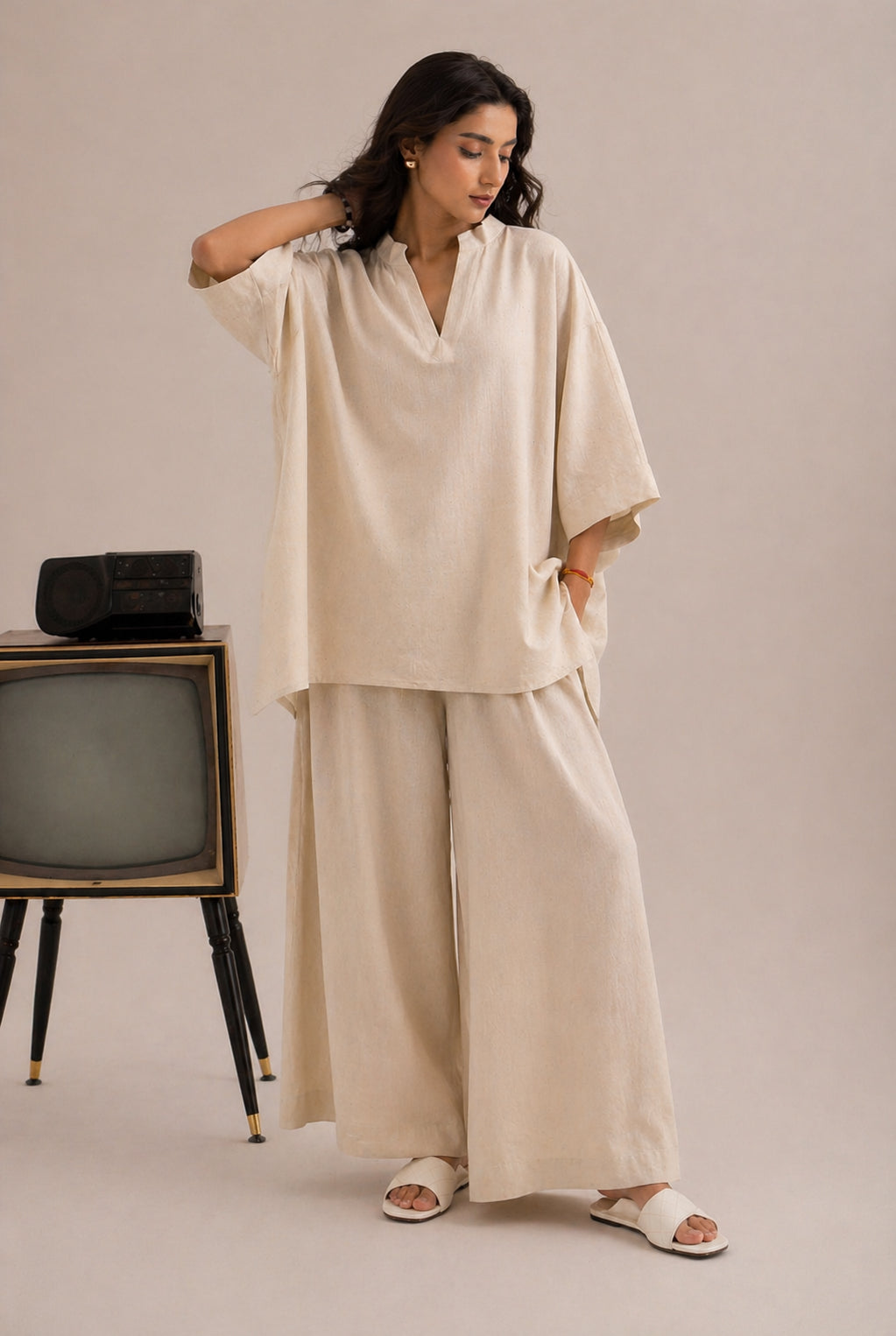 Laalzari ivory minimal round-neck linen co-ord set for women — full-length view
