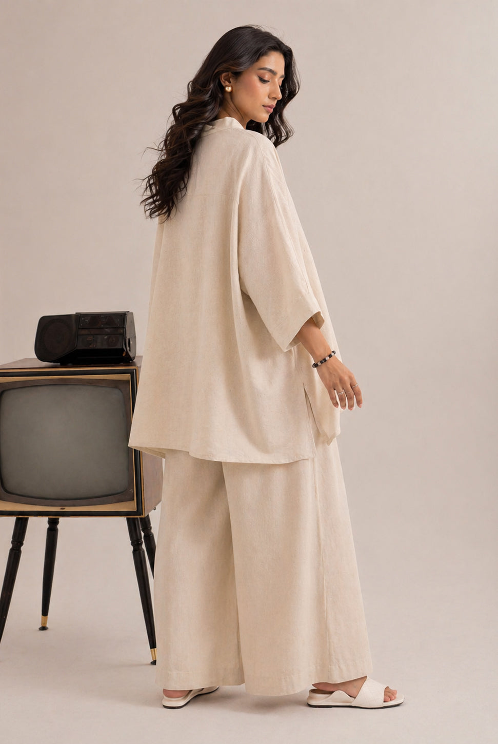 Laalzari ivory minimal round-neck linen co-ord set for women — back view