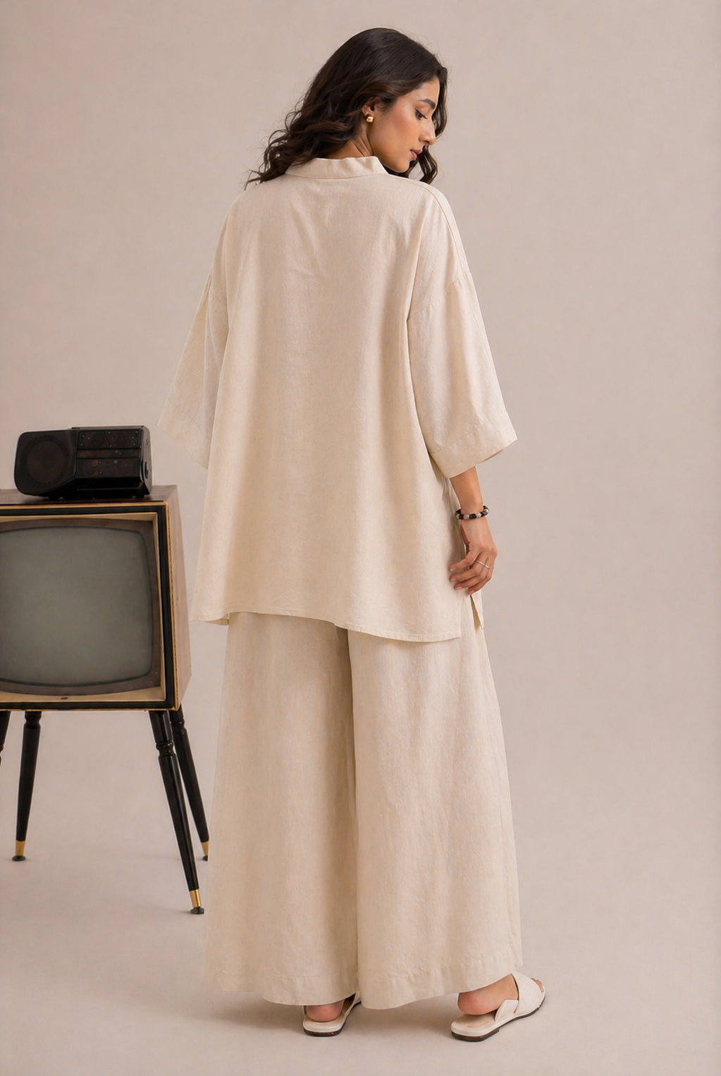 Laalzari ivory minimal round-neck linen co-ord set for women — outfit detail