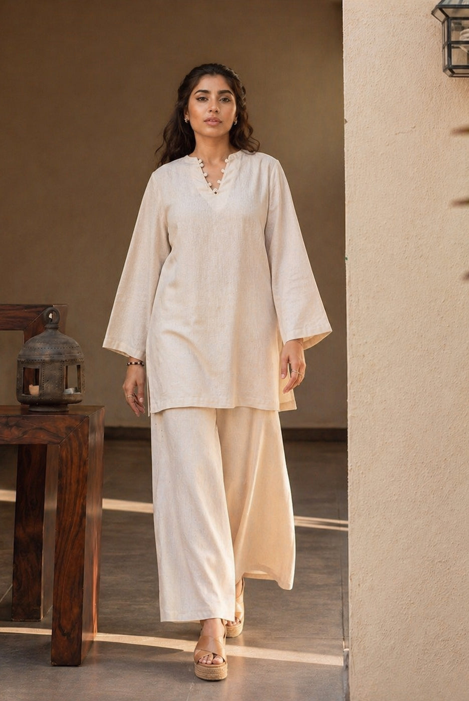 Laalzari classic ivory round neck linen kurta for women — full-length view