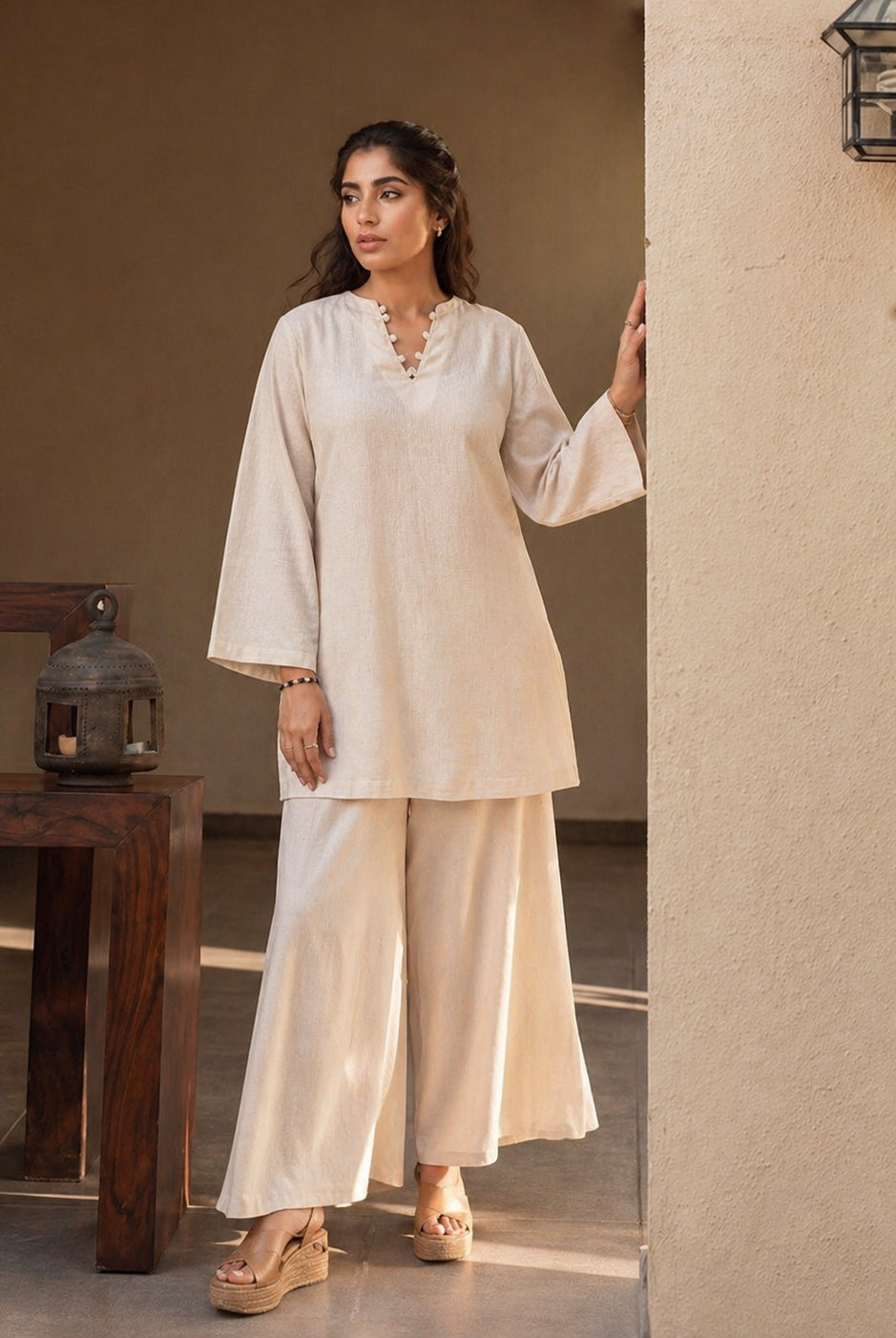 Laalzari classic ivory round neck linen kurta for women — styled look