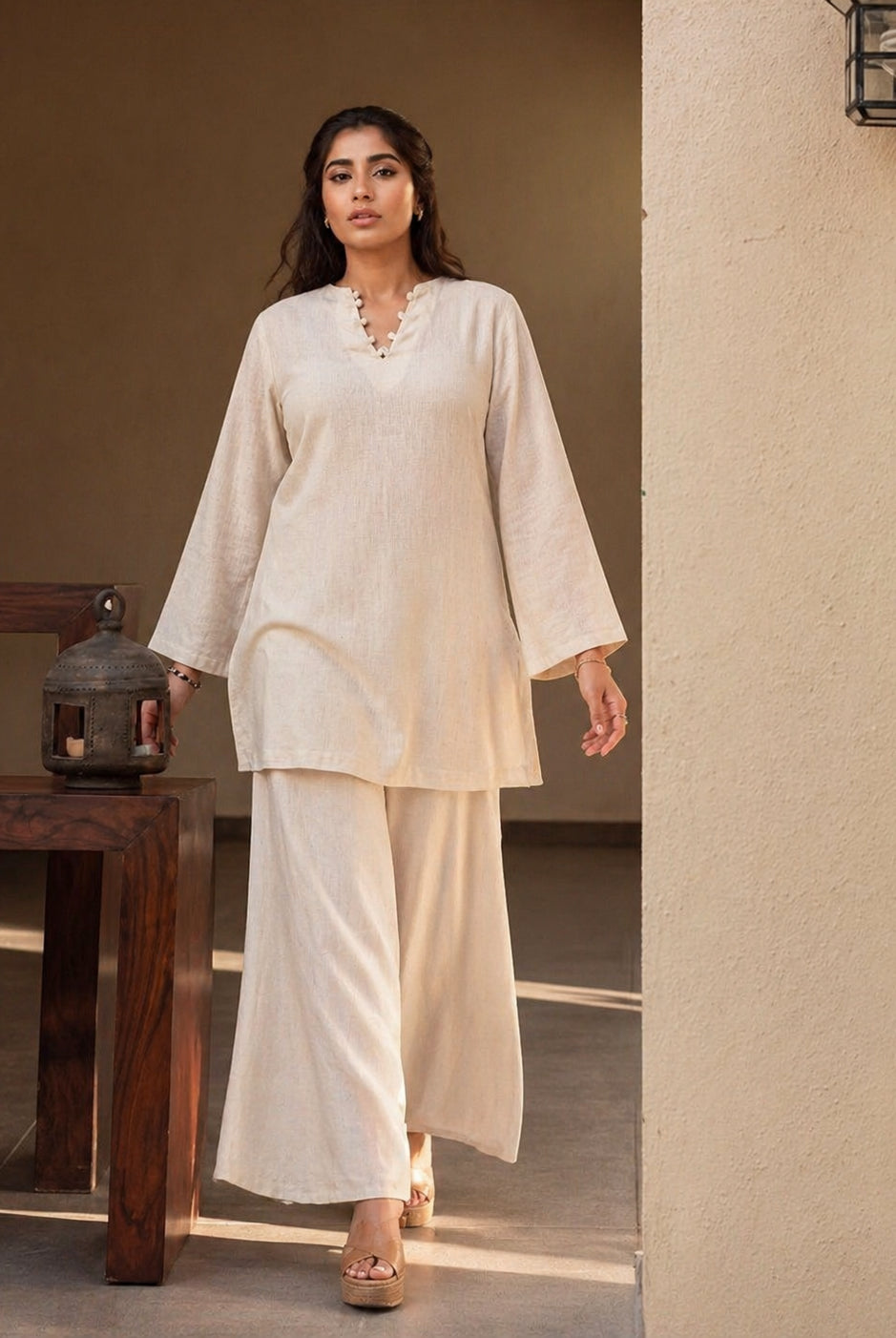 Laalzari classic ivory round neck linen kurta for women — front view