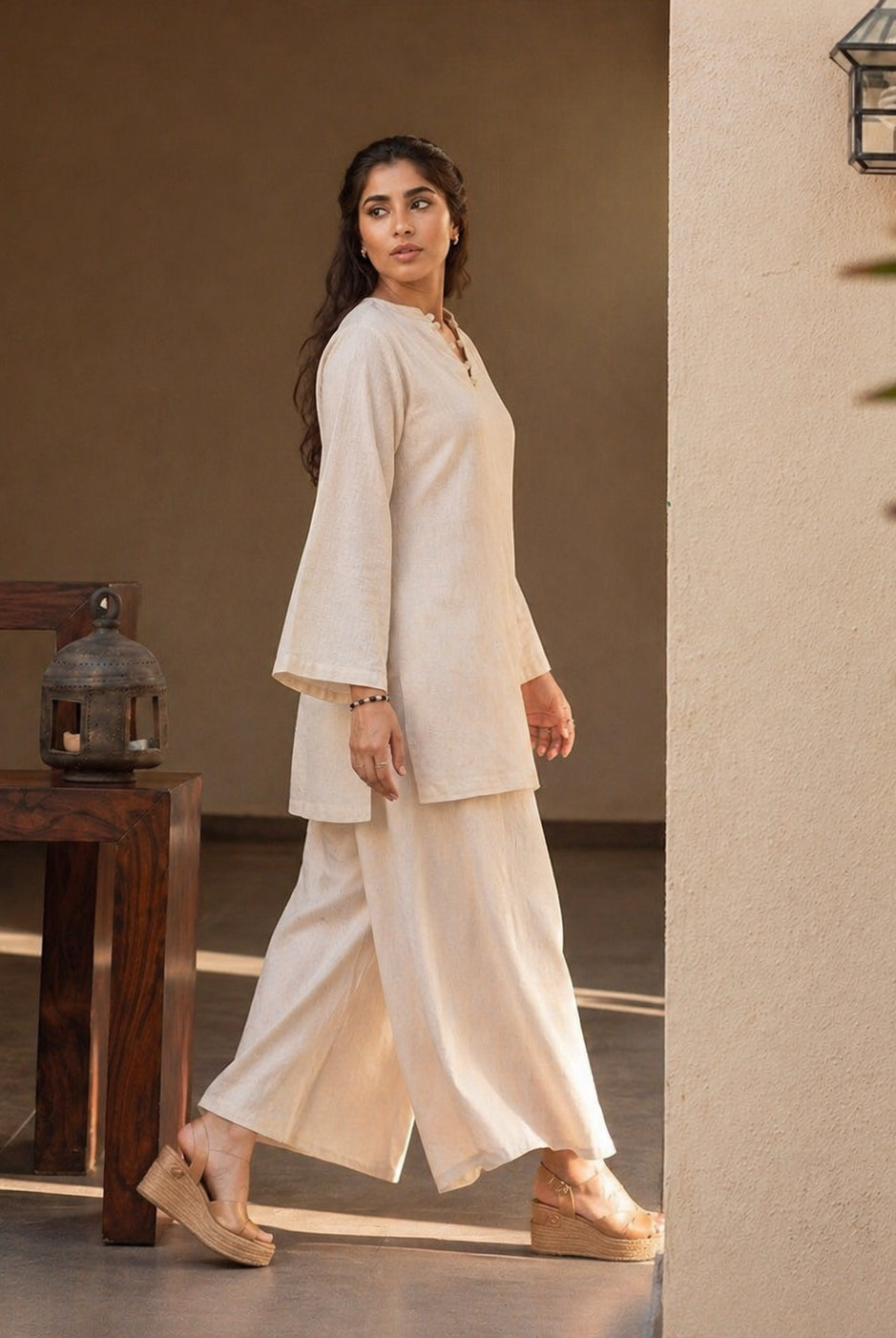 Laalzari classic ivory round neck linen kurta for women — fabric detail