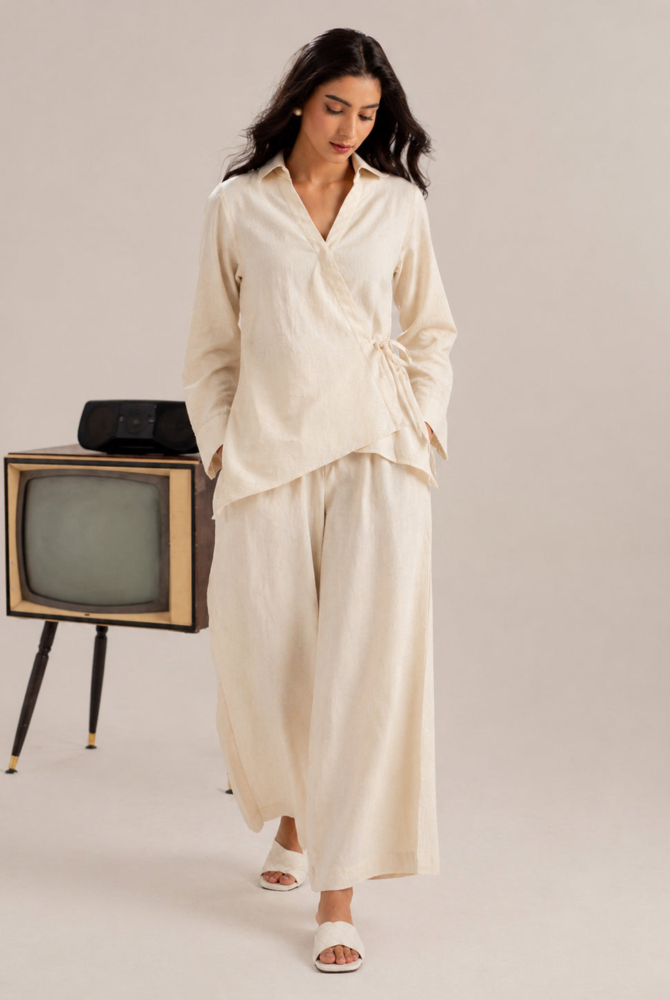 Laalzari ivory wrap style linen shirt for women — front view