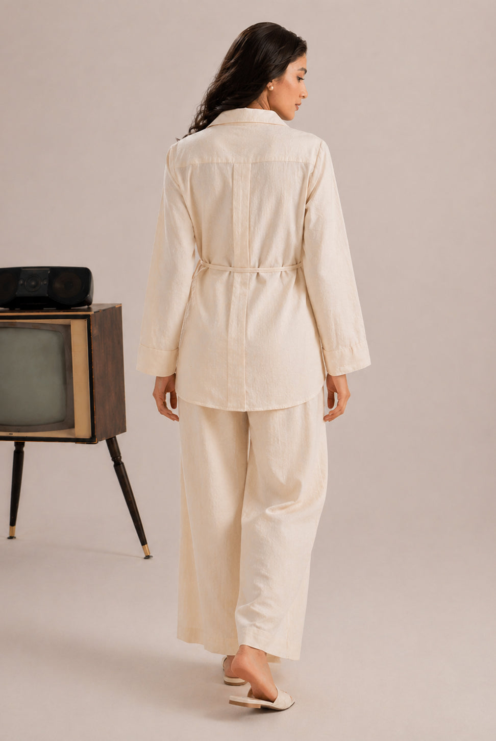 Laalzari ivory wrap style linen shirt for women — styled look
