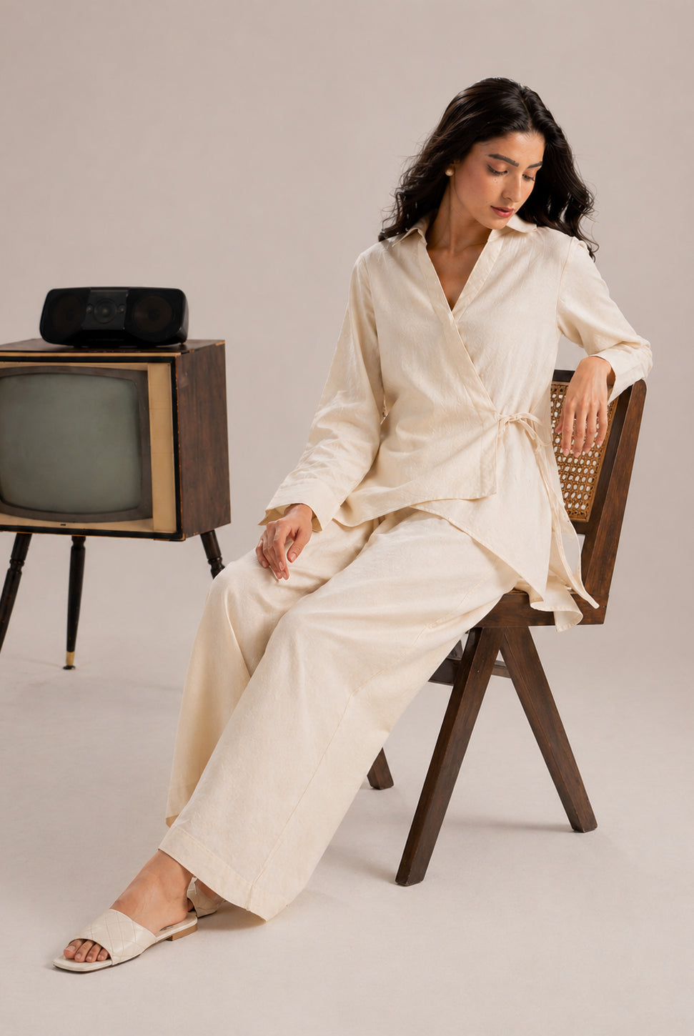 Laalzari ivory wrap style linen shirt for women — full-length view