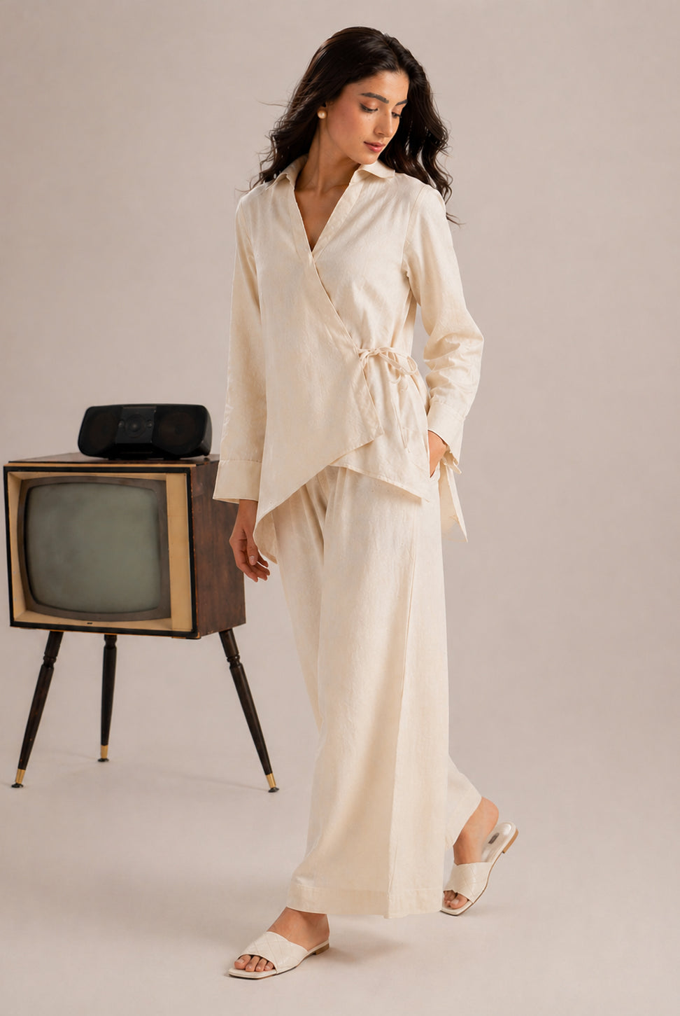Laalzari ivory wrap style linen shirt for women — side view
