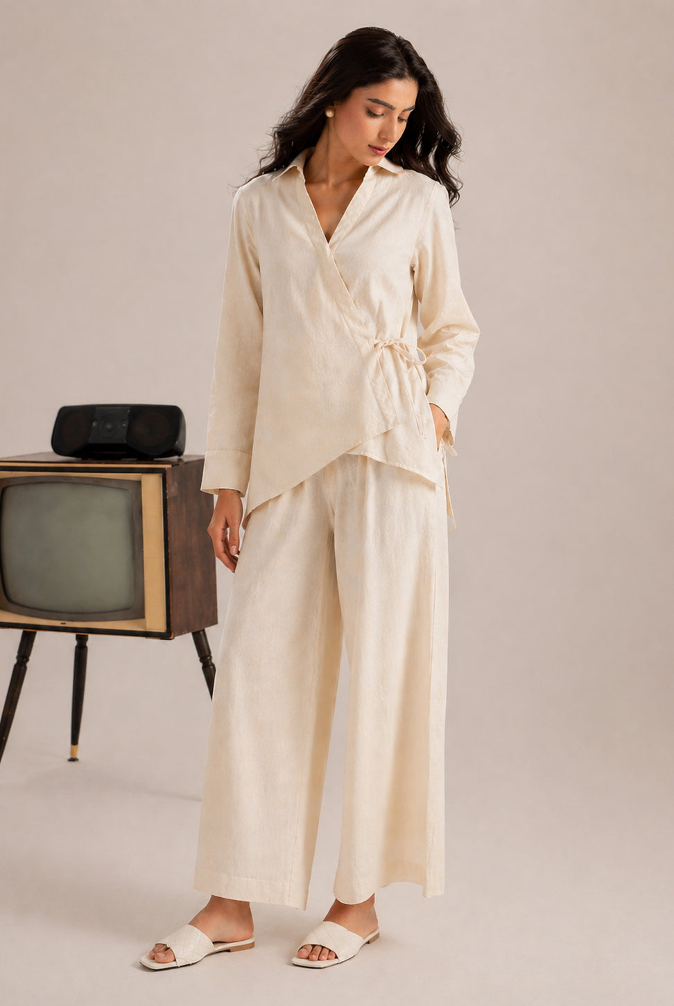 Laalzari ivory wrap style linen shirt for women — fabric detail