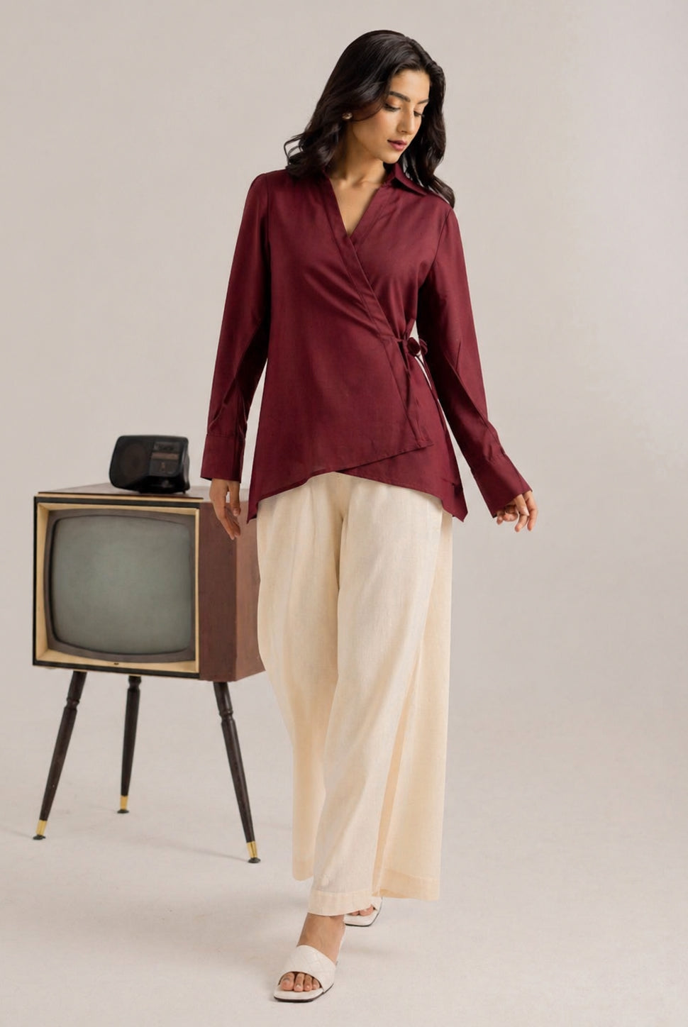 Laalzari deep brown tailored linen shirt for women — front view