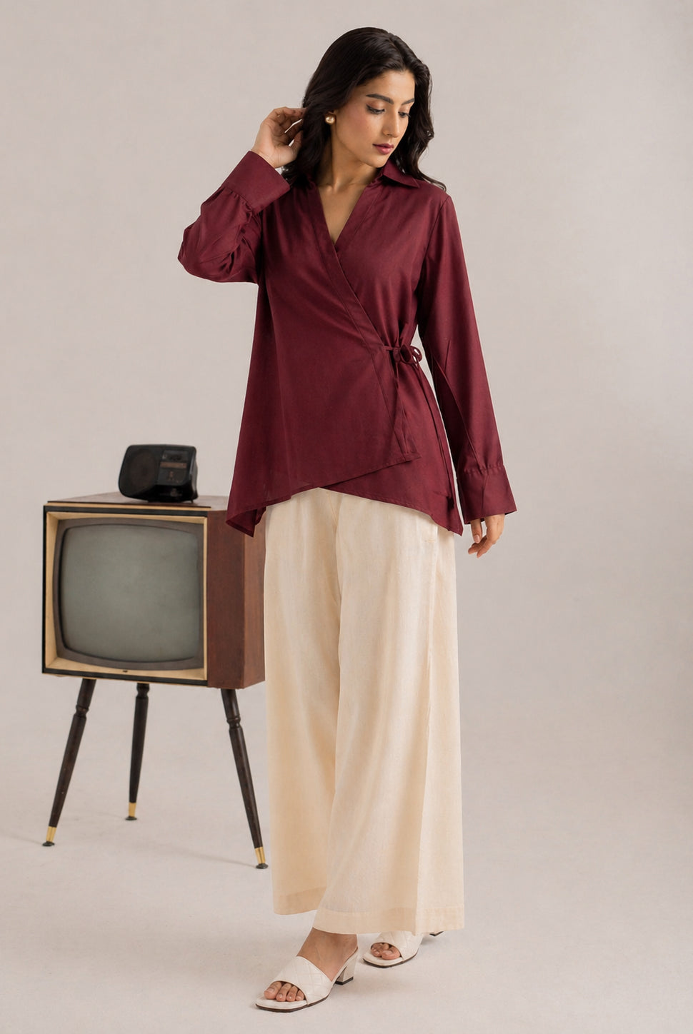 Laalzari deep brown tailored linen shirt for women — styled look