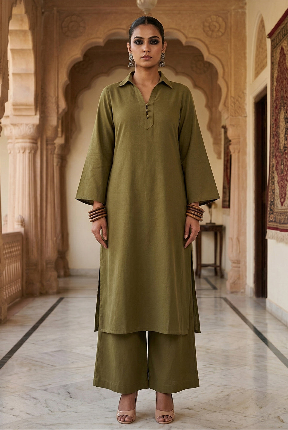 Laalzari green collar-neck linen kurta set for women — styled look
