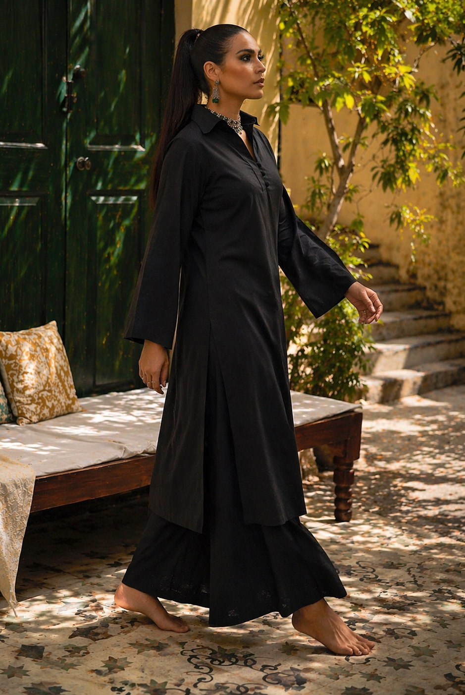Laalzari midnight black tailored collar-neck linen kurta set for women — styled look