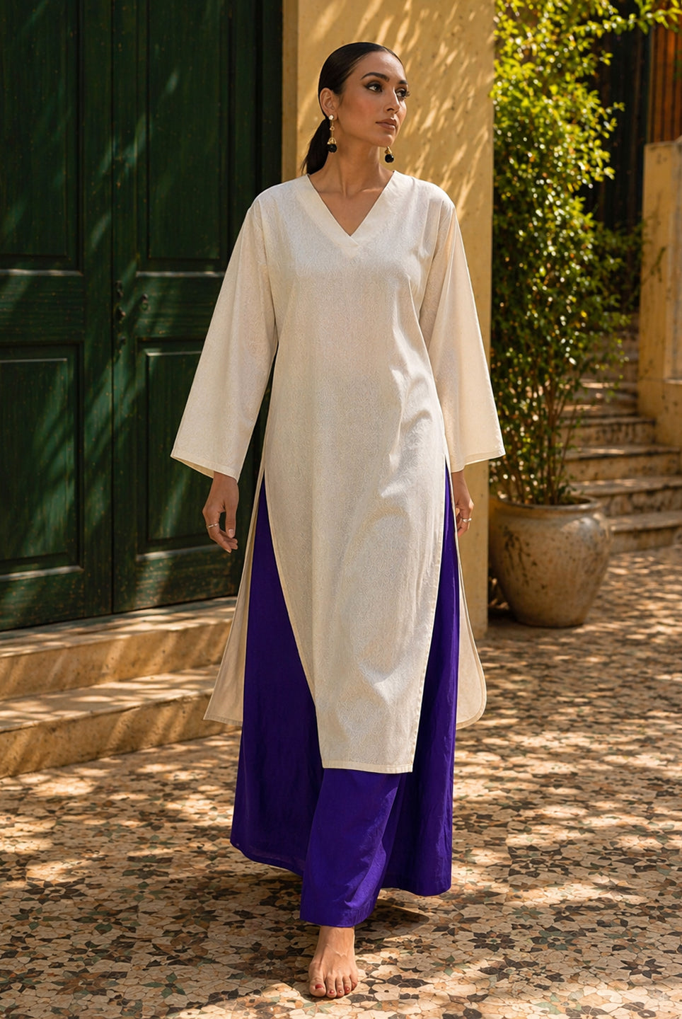 Laalzari ivory linen V-neck kurta and wide-leg palazzo co-ord set for women — styled look