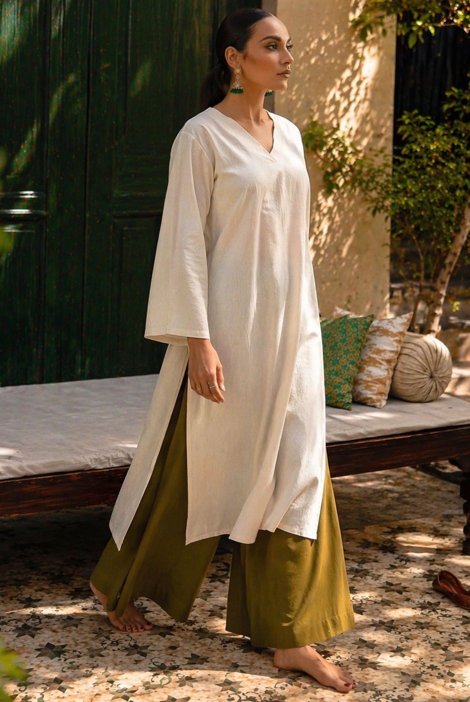 Laalzari off-white linen V-neck kurta and wide-leg palazzo co-ord set for women — styled look