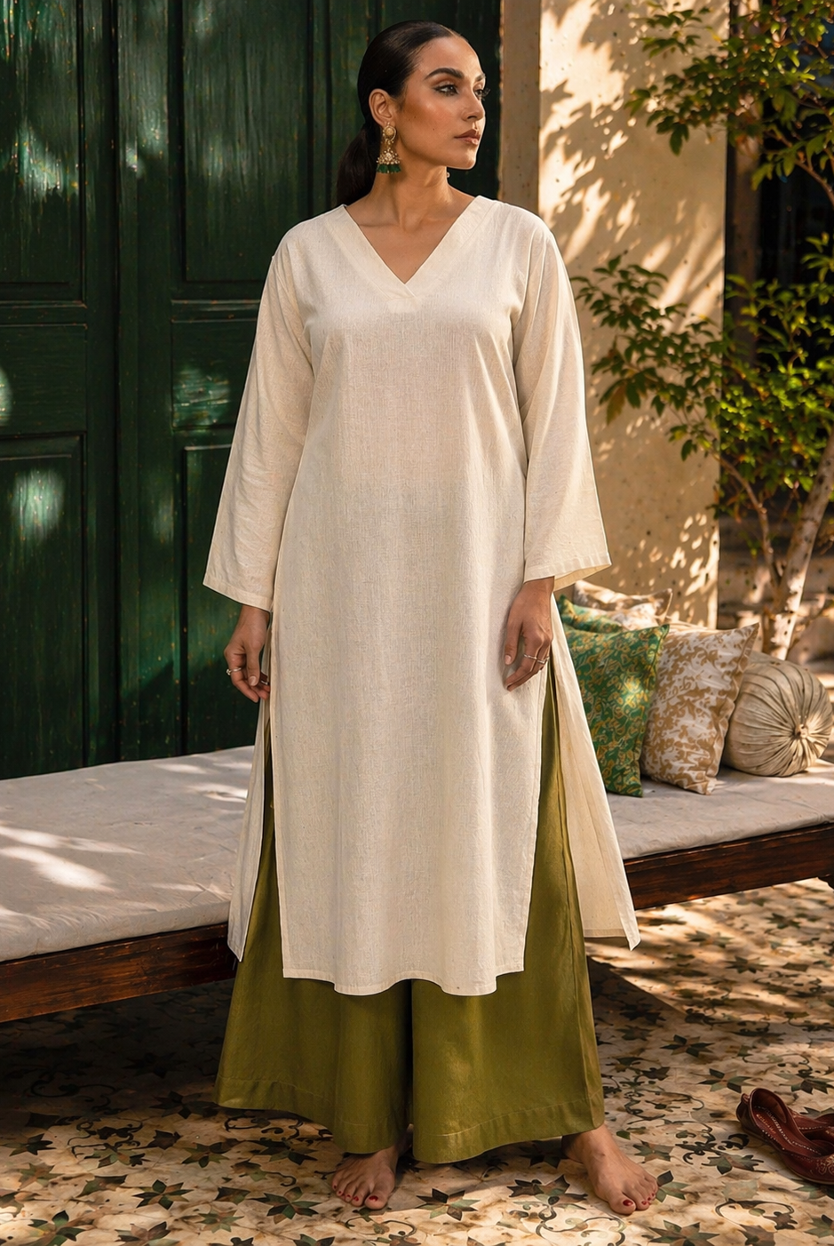 Laalzari off-white linen V-neck kurta and wide-leg palazzo co-ord set for women — full-length view