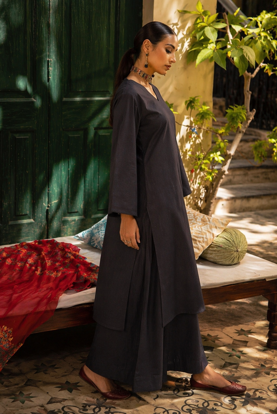 Laalzari black linen V-neck kurta and wide-leg palazzo co-ord set for women — styled look