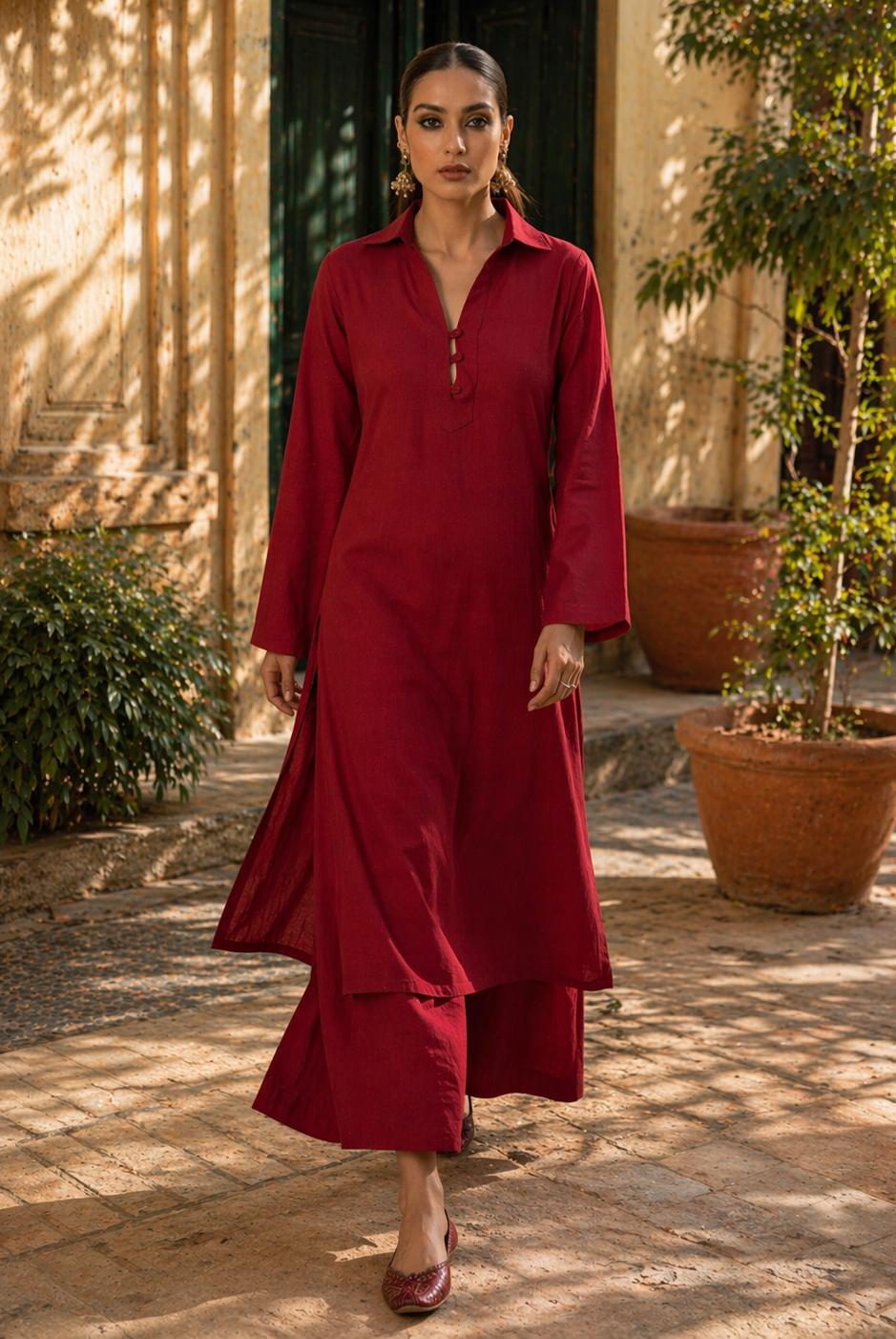 Laalzari crimson red collar neck linen kurta for women — front view