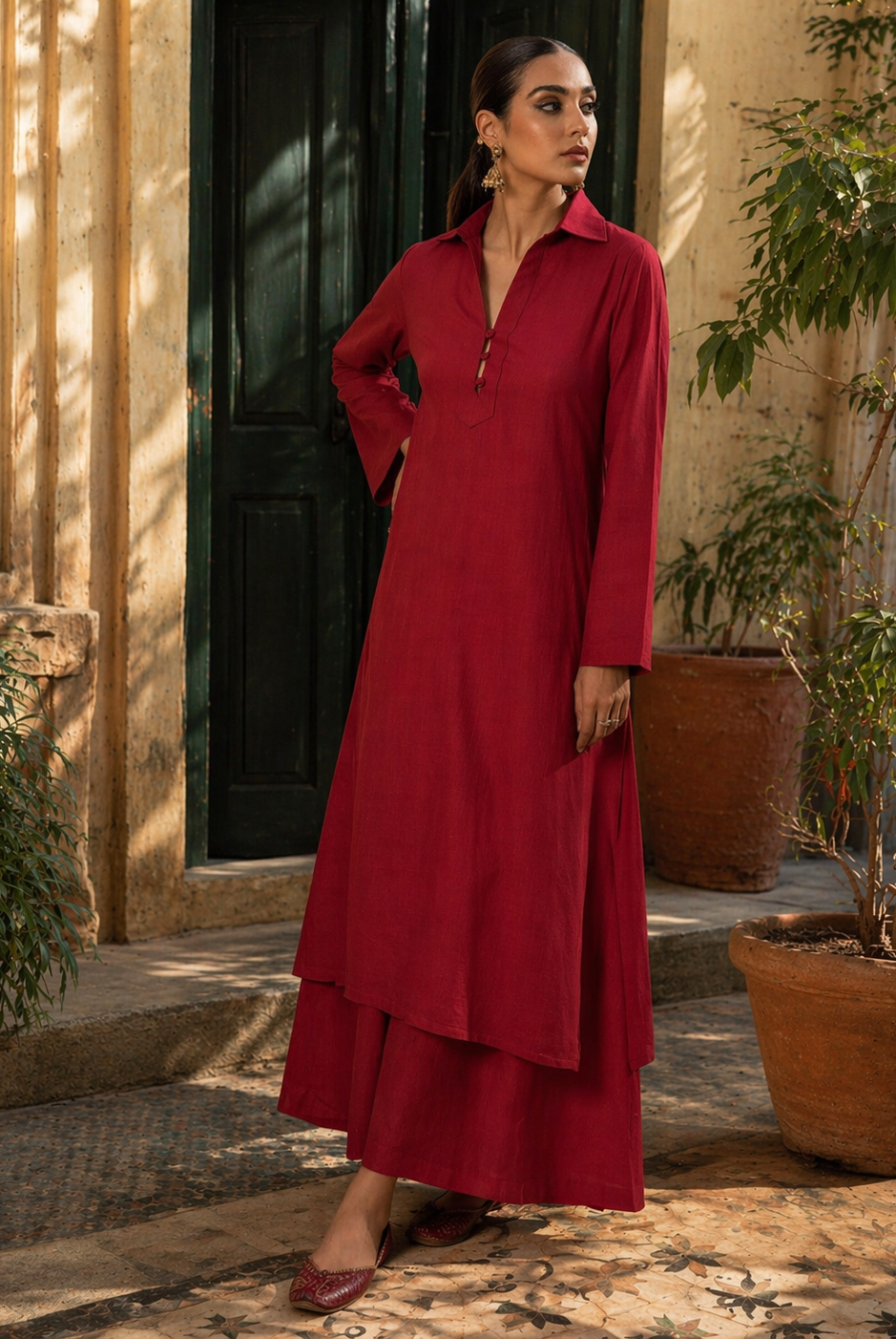 Laalzari crimson red collar neck linen kurta for women — styled look