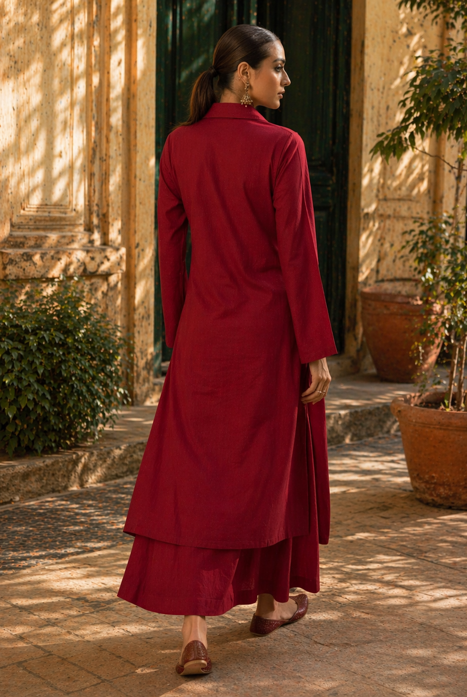 Laalzari crimson red collar neck linen kurta for women — fabric detail