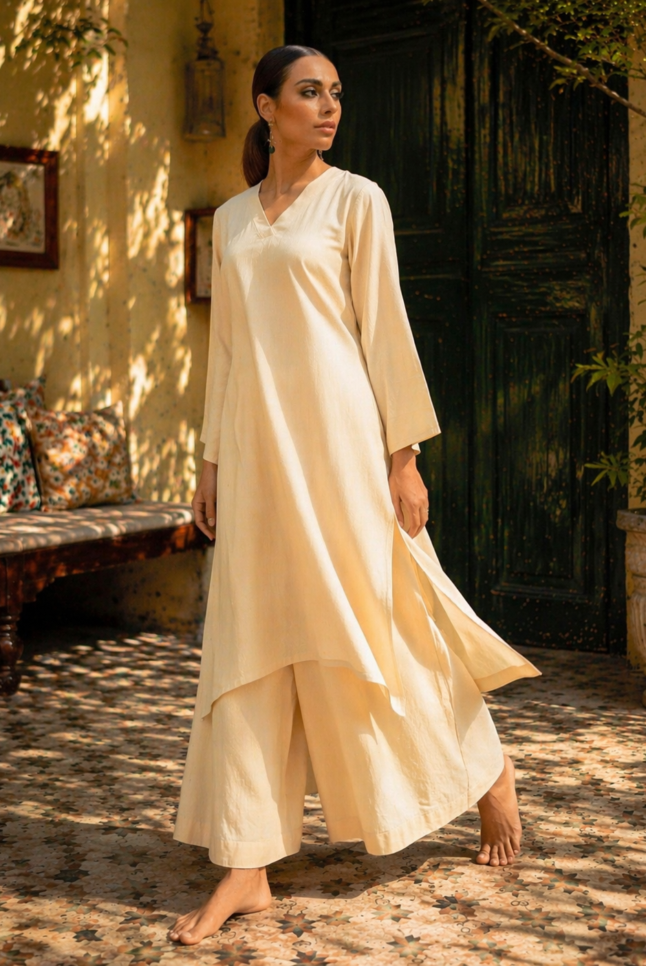 Laalzari soft beige linen V-neck kurta and wide-leg palazzo co-ord set for women — front view