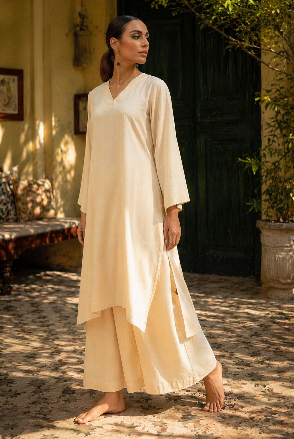 Laalzari soft beige linen V-neck kurta and wide-leg palazzo co-ord set for women — styled look