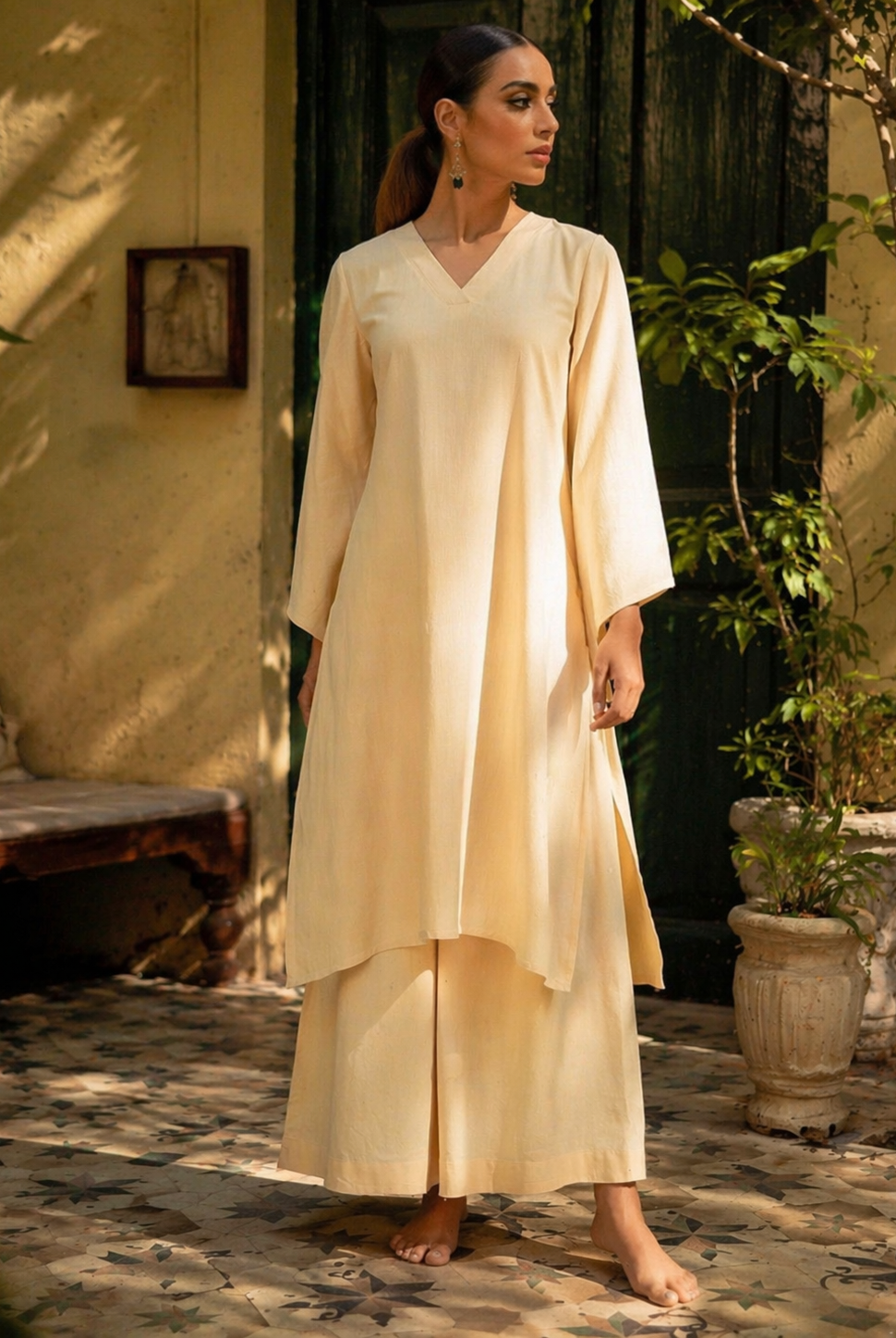 Laalzari soft beige linen V-neck kurta and wide-leg palazzo co-ord set for women — full-length view