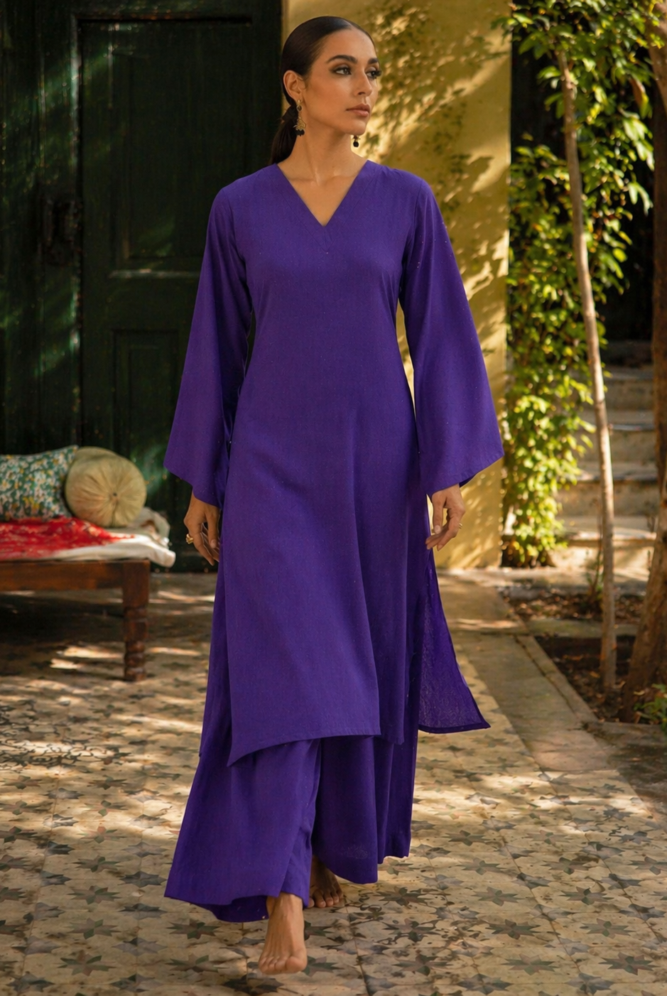 Laalzari bright purple linen V-neck kurta and wide-leg palazzo co-ord set for women — back view