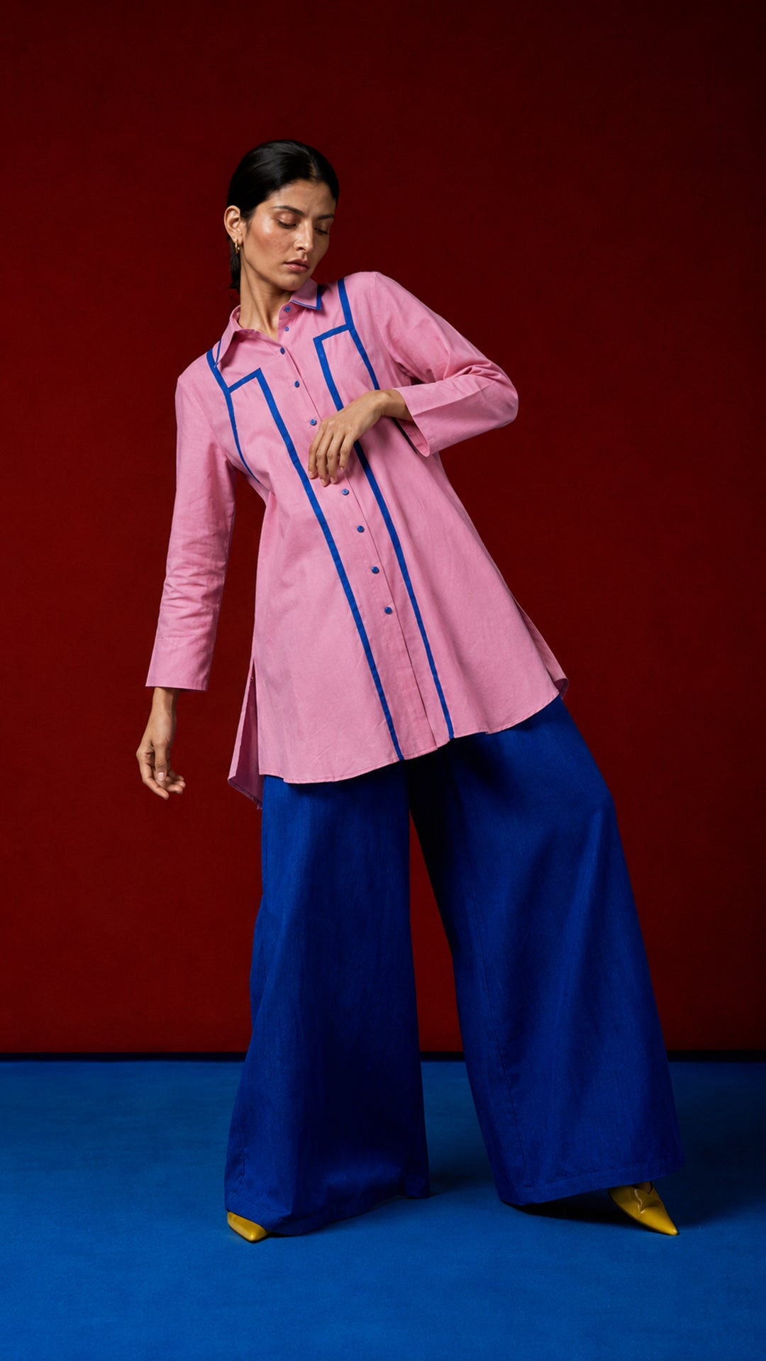 Laalzari blush pink cotton shirt tunic and wide-leg palazzo co-ord set for women — outfit detail