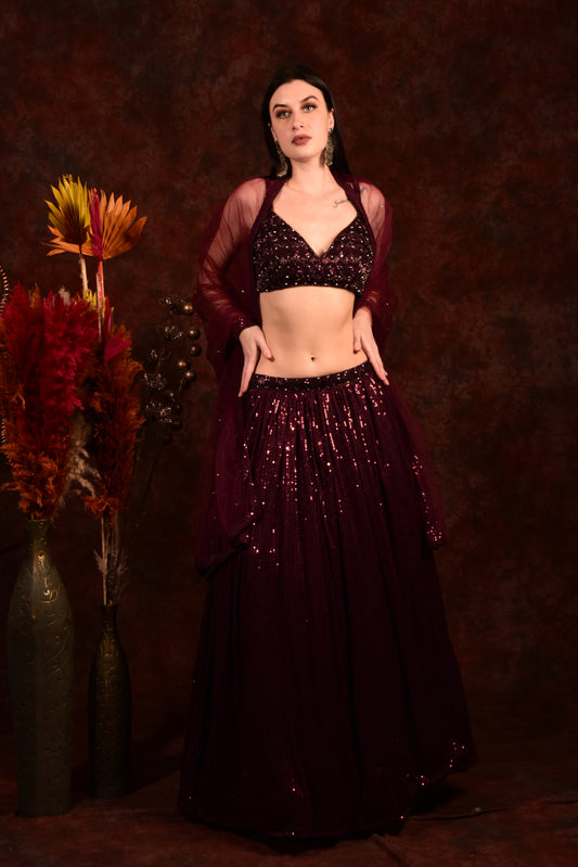 MAROON SEQUENCE CROP TOP SKIRT WITH DUPATTA