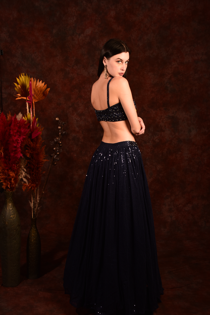 Sequence Blue Crop Top Skirt With Dupatta